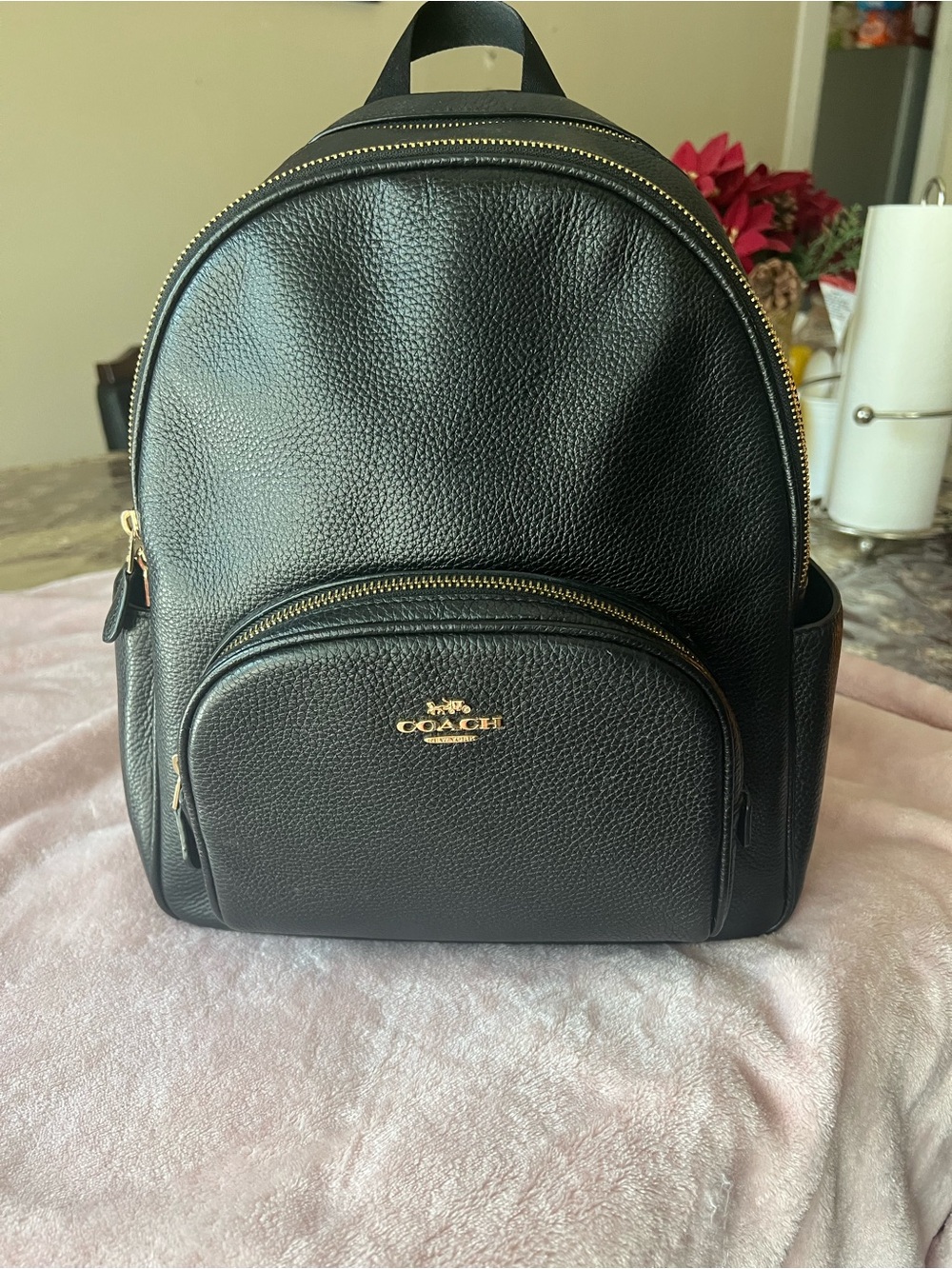Coach Black Pebbled Leather Backpack with Gold Accents